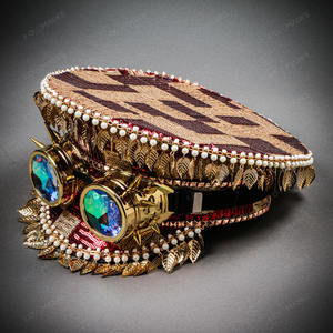 Steampunk Burning Man Party Captain Hat w/ Kaleidoscope 3D Goggles Red Gold